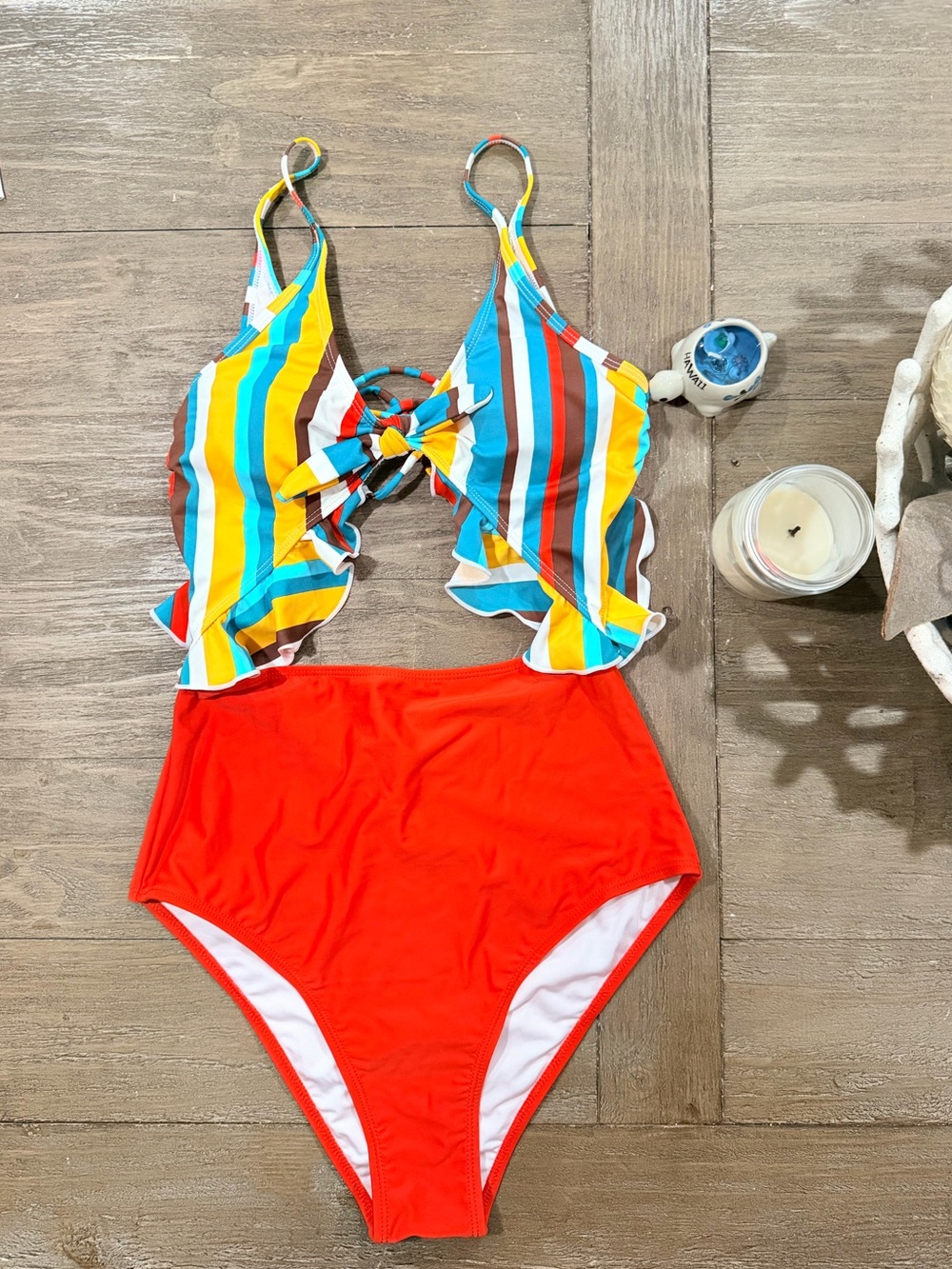 One Piece Striped Ruffle Top & Red High-Waist Bottoms